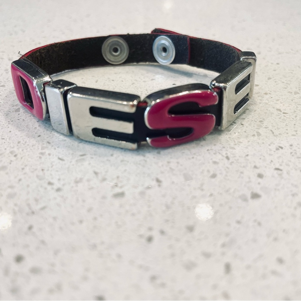 Diesel Pink and Silver Lettered Bracelet